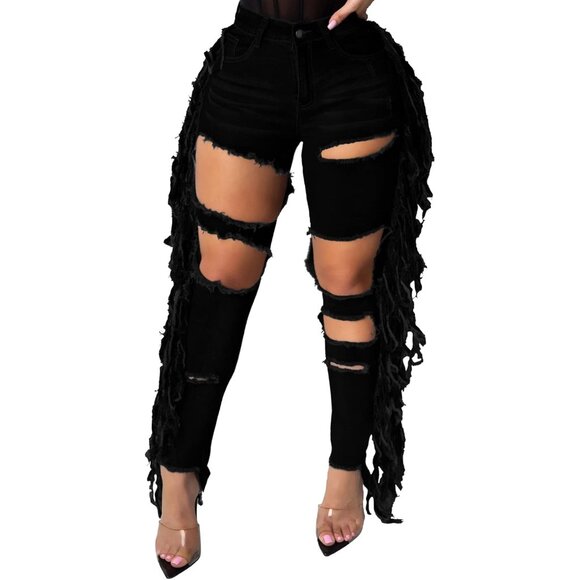 Women Ripped Denim Jeans Washed Hole Mid Waist Straight Leg Stretch - Picture 1 of 2